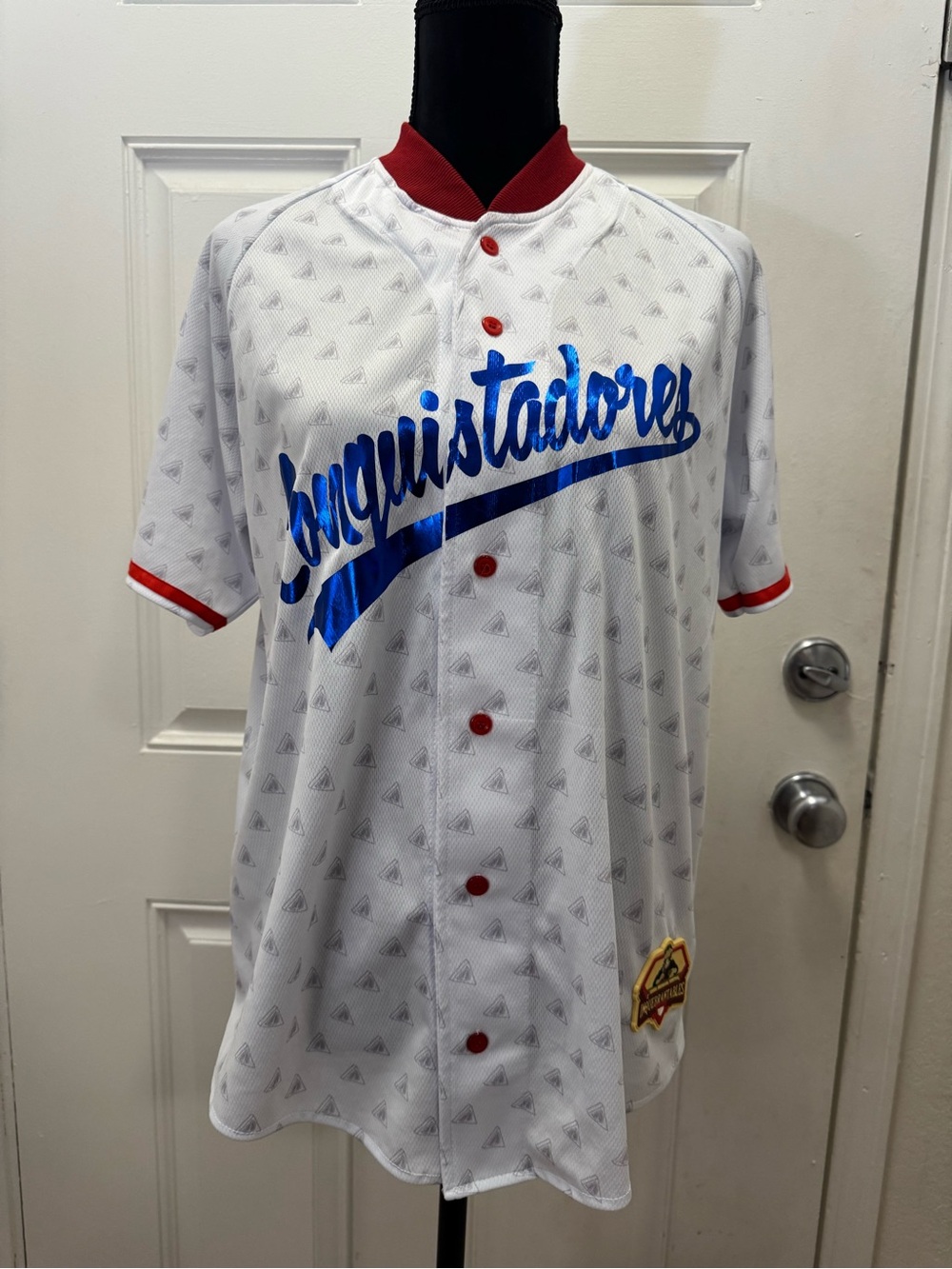 White “Conquistadores” Baseball-Style Jersey with Blue Script and Red Trim 0337